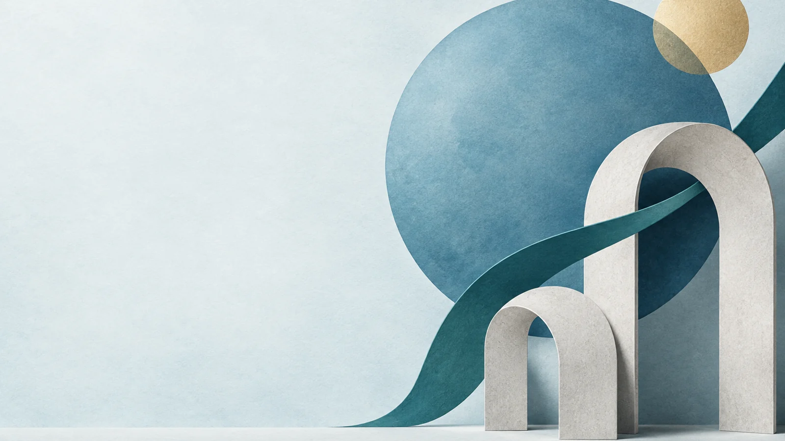 Abstract paper arches, a blue disc and a teal ribbon suggesting clarity and balance.