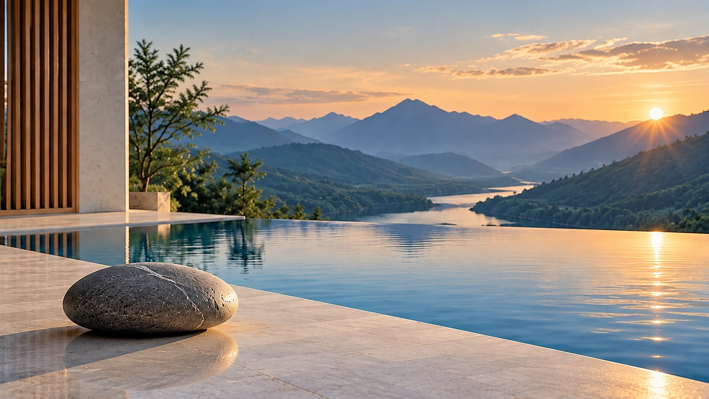 A smooth stone beside a modern pool at sunset, overlooking mountains and water.