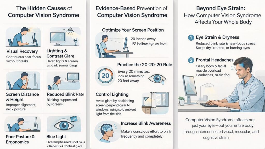 Causes and prevention of computer vision syndrome including posture, lighting, and screen breaks
