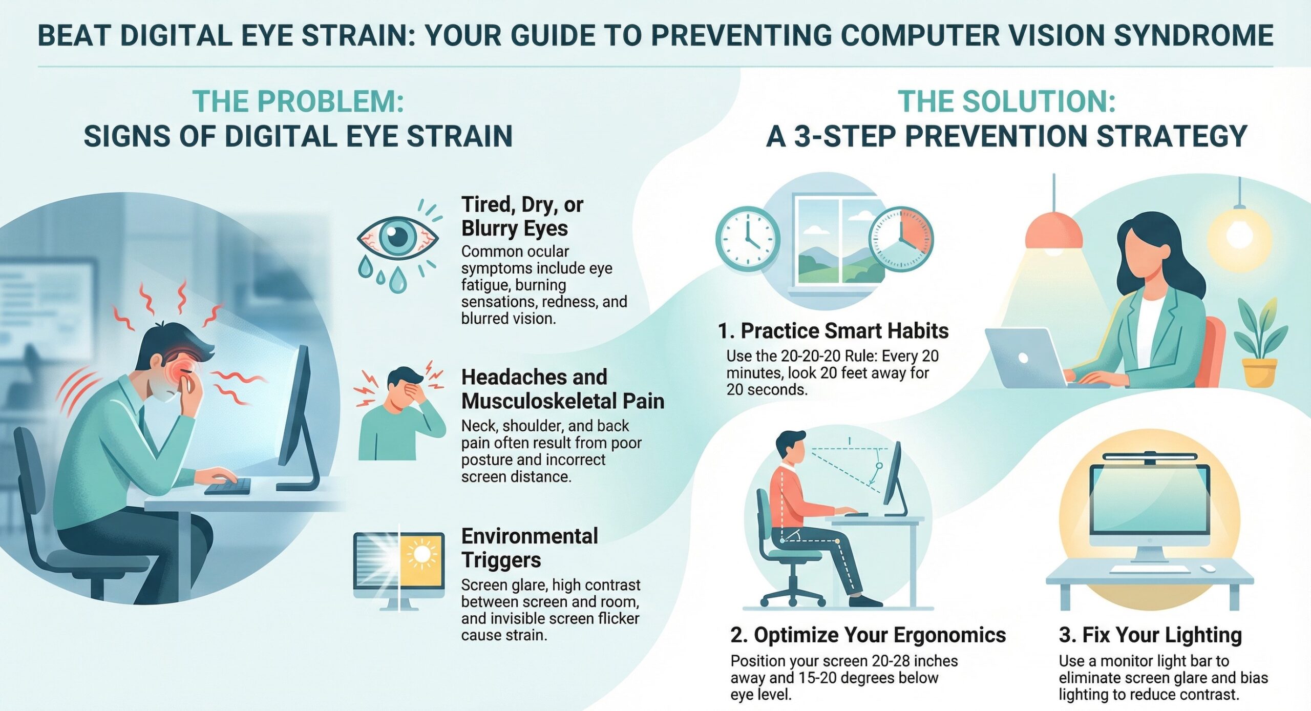 Visual guide to preventing computer vision syndrome using proper desk lighting and monitor light bars.