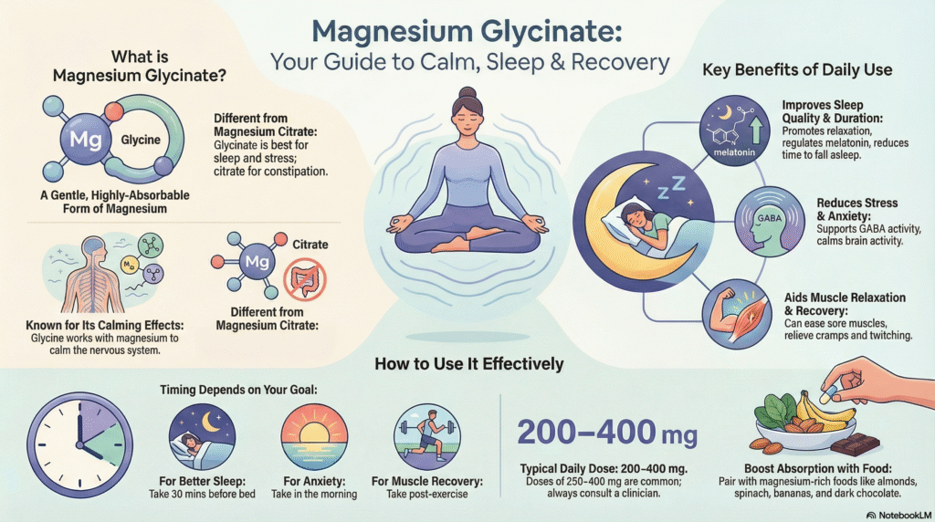 Magnesium glycinate infographics showing uses, side effects, dosage