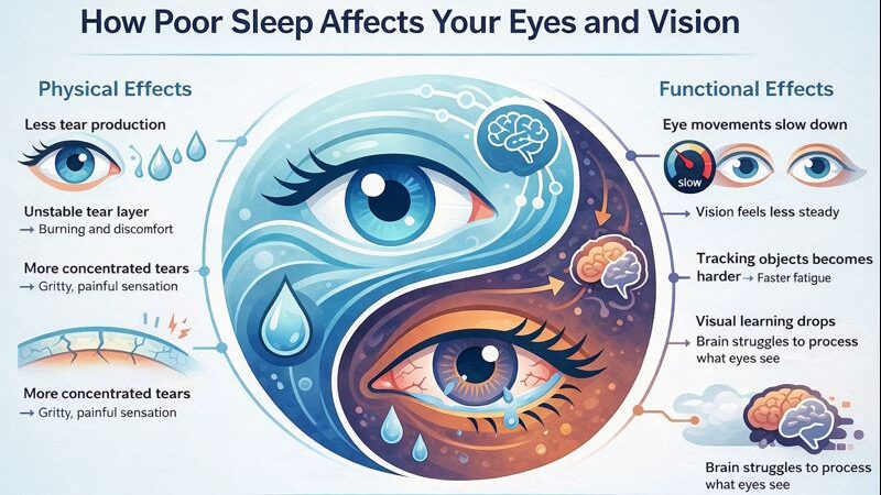 Infographic showing how lack of sleep causes eye strain by reducing tear production, slowing eye movements, and increasing visual fatigue