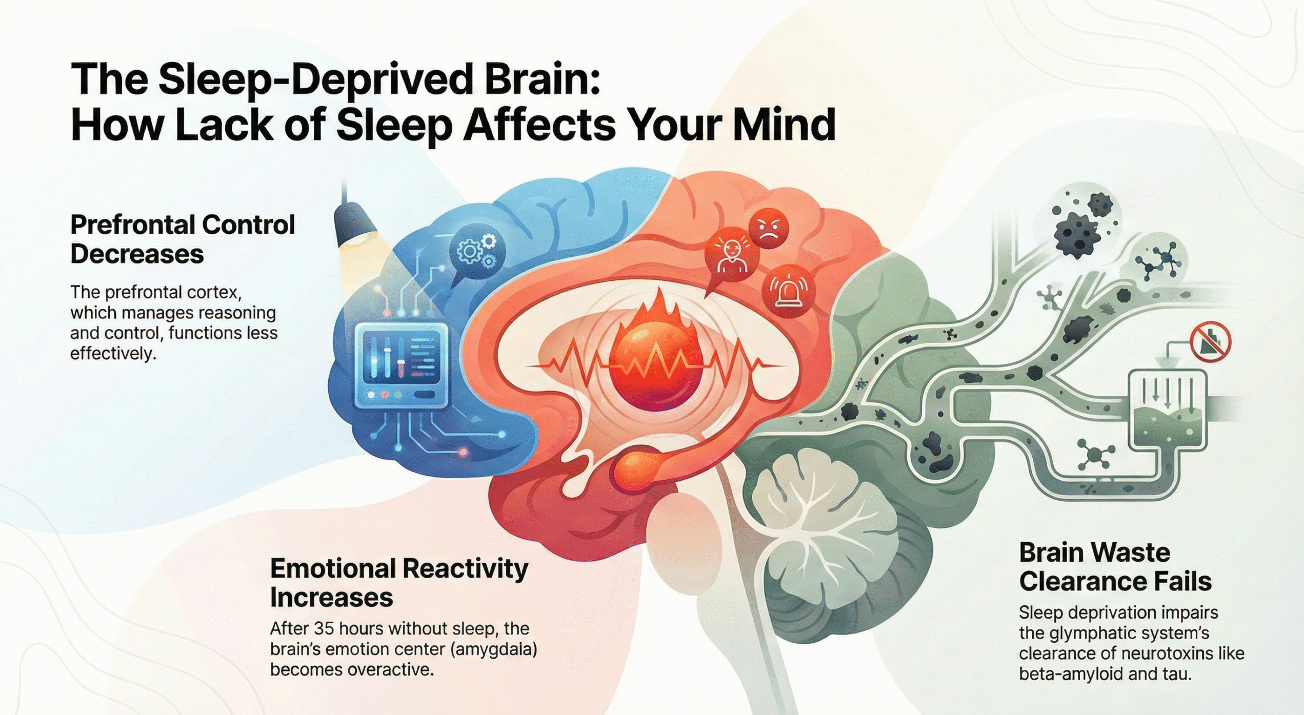 Sleep deprivation effects on the brain including impaired decision making and reduced brain waste clearance