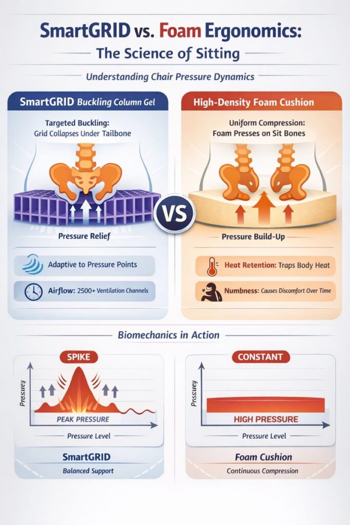 smartgrid-vs-foam-chair-pressure-infographic Heat map comparison infographic of SmartGRID vs Foam seat pressure distribution for ergonomic chairs