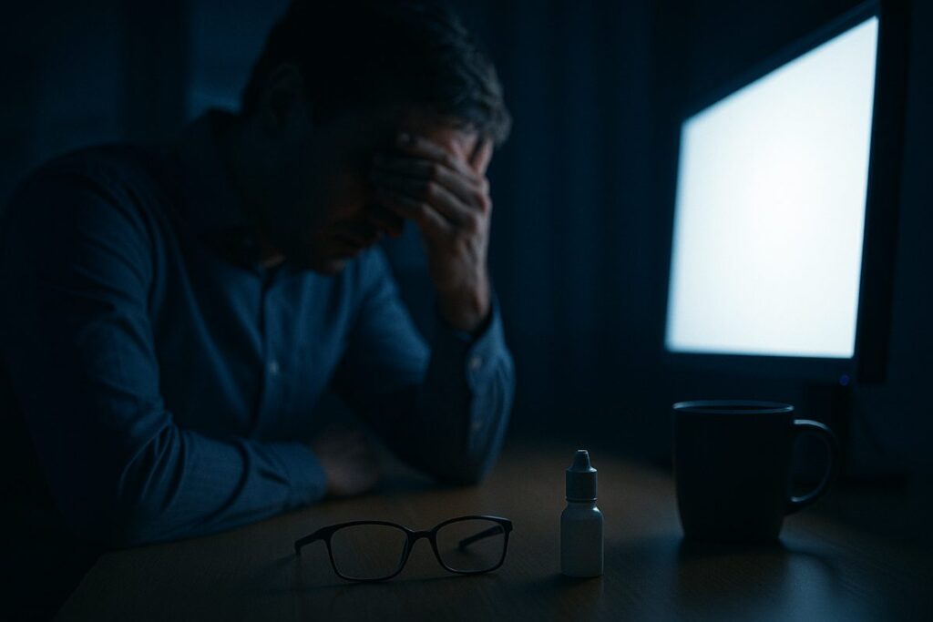 Man suffering from Computer Vision Syndrome symptoms at work