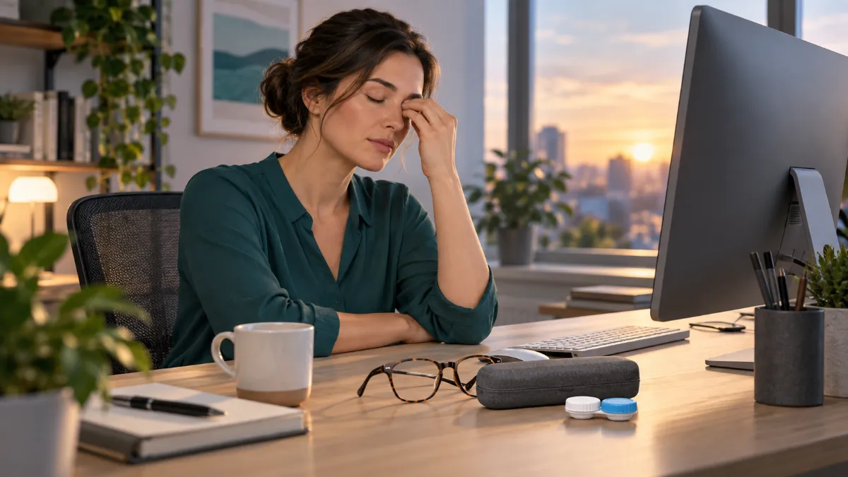 Contact lenses dry during computer work with glasses available beside the desk