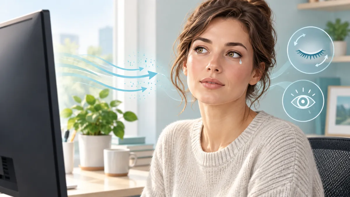Eyes watering when using computer with airflow and blinking illustration