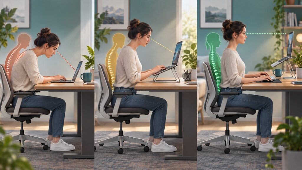 Laptop stand without external keyboard compared with three desk setups