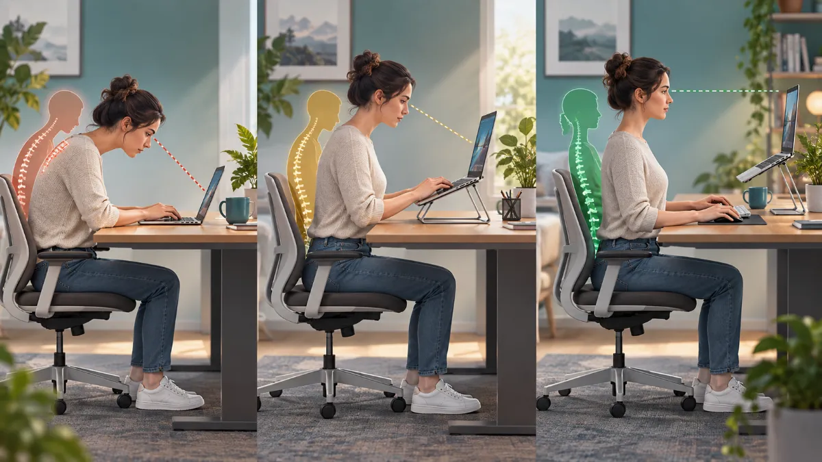 Laptop stand without external keyboard compared with three desk setups