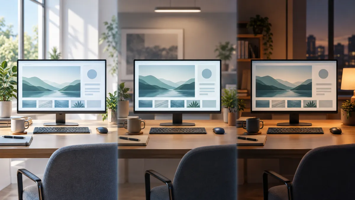 Monitor brightness for eye strain compared in daylight office and evening settings