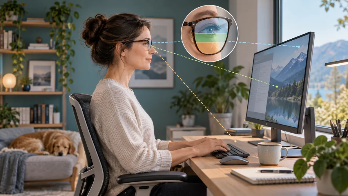 Progressive glasses viewing zones aligned with a comfortable computer screen