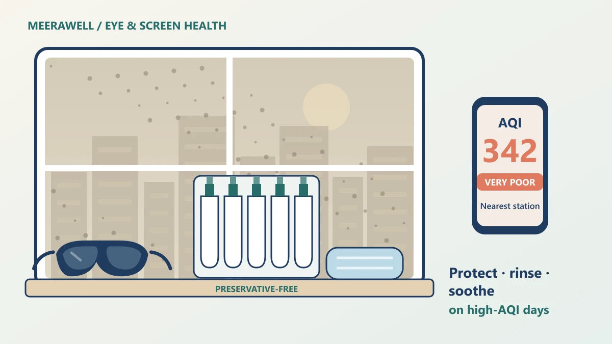 Pollution eye irritation illustration without people: a window onto a smoggy city skyline, with wraparound sunglasses, single-dose eye-drop vials, a cold compress and a phone showing a Very Poor AQI reading on the sill.