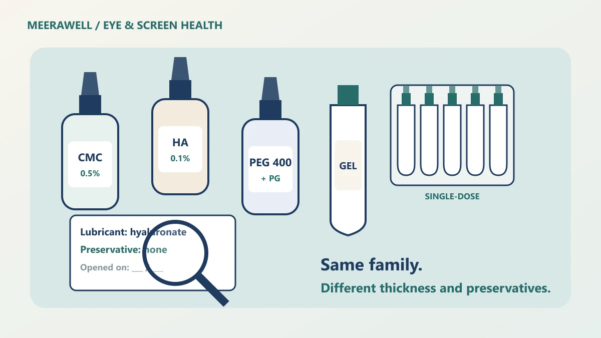 People-free overhead illustration of lubricating eye drop bottles labelled CMC, hyaluronate and PEG, a gel tube, a strip of preservative-free single-dose vials and a magnifying glass over a carton label.