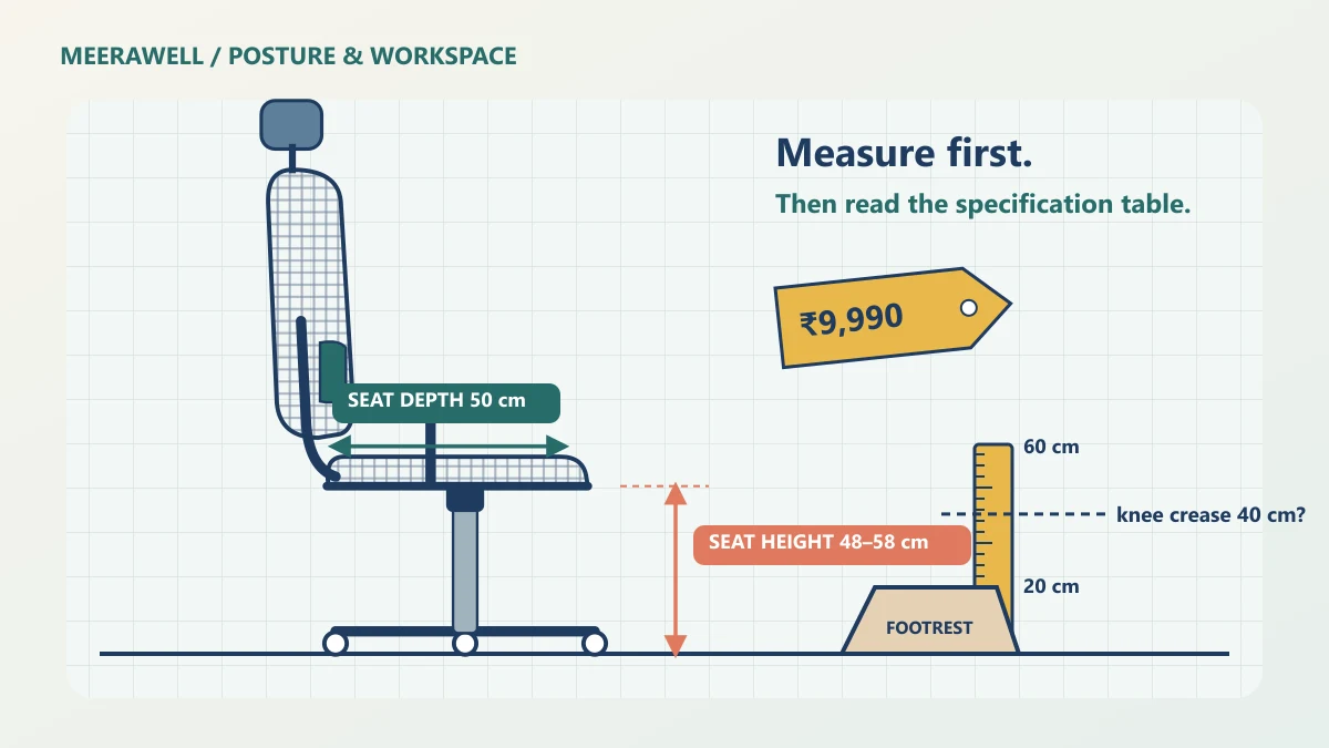 People-free technical side view of an ergonomic chair under 10000 rupees, with seat-height and seat-depth dimension lines, a measuring tape, a footrest and a price tag.