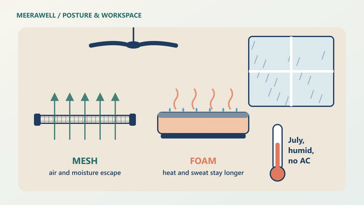 Mesh vs foam chair cut-away illustration without people: a mesh seat with air passing through and a foam seat holding heat, in a room with a ceiling fan and a rain-streaked monsoon window.