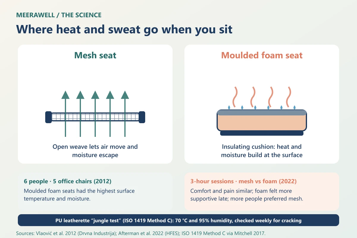 Cross-section comparison: mesh lets heat and moisture escape while moulded foam holds them at the seat surface, with key findings from two small office-chair studies and the ISO 1419 jungle test for PU leatherette.