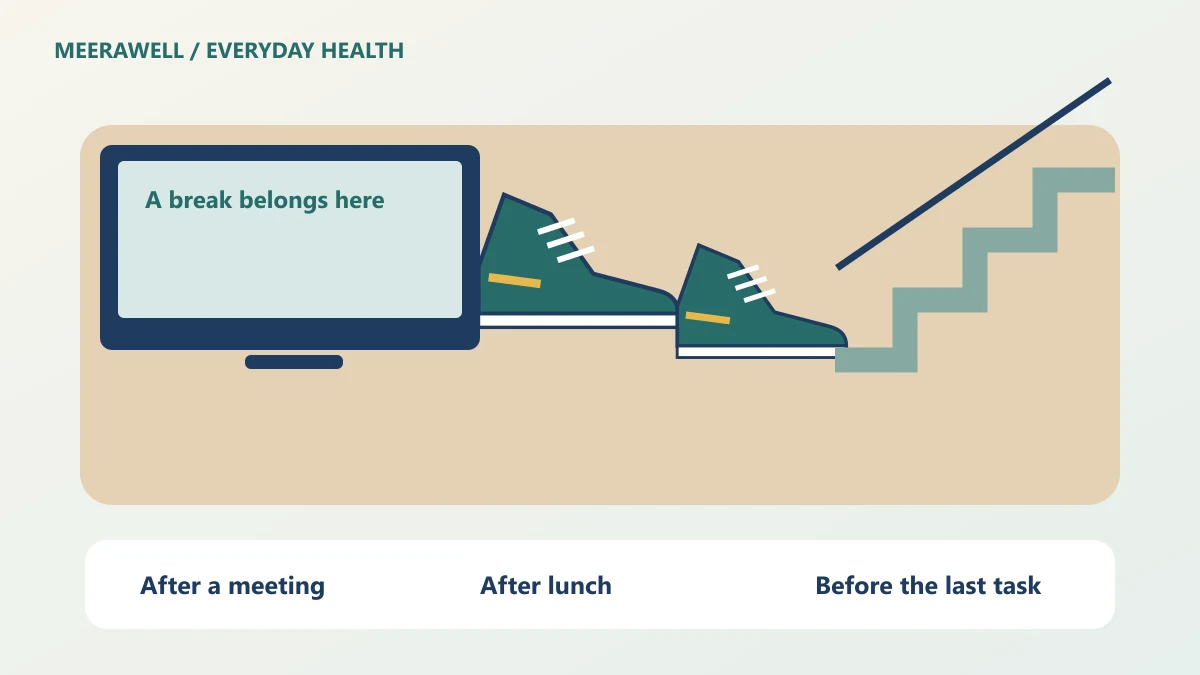 exercise snacks: illustration of an office desk, trainers, a clear staircase and three small movement breaks marked on a workday timeline.