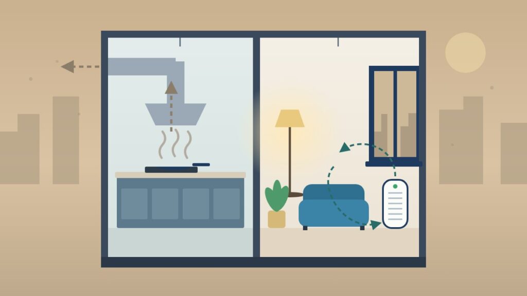 Illustrated cut-away of an apartment on a smoggy evening: a kitchen chimney venting smoke outdoors, and an air purifier recirculating air in the closed living room