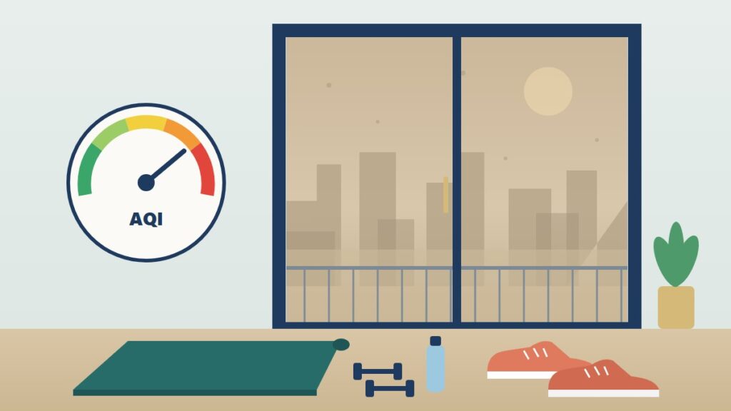 Illustration of a balcony door with a smoggy city skyline outside, and a yoga mat, dumbbells, running shoes and an AQI dial indoors