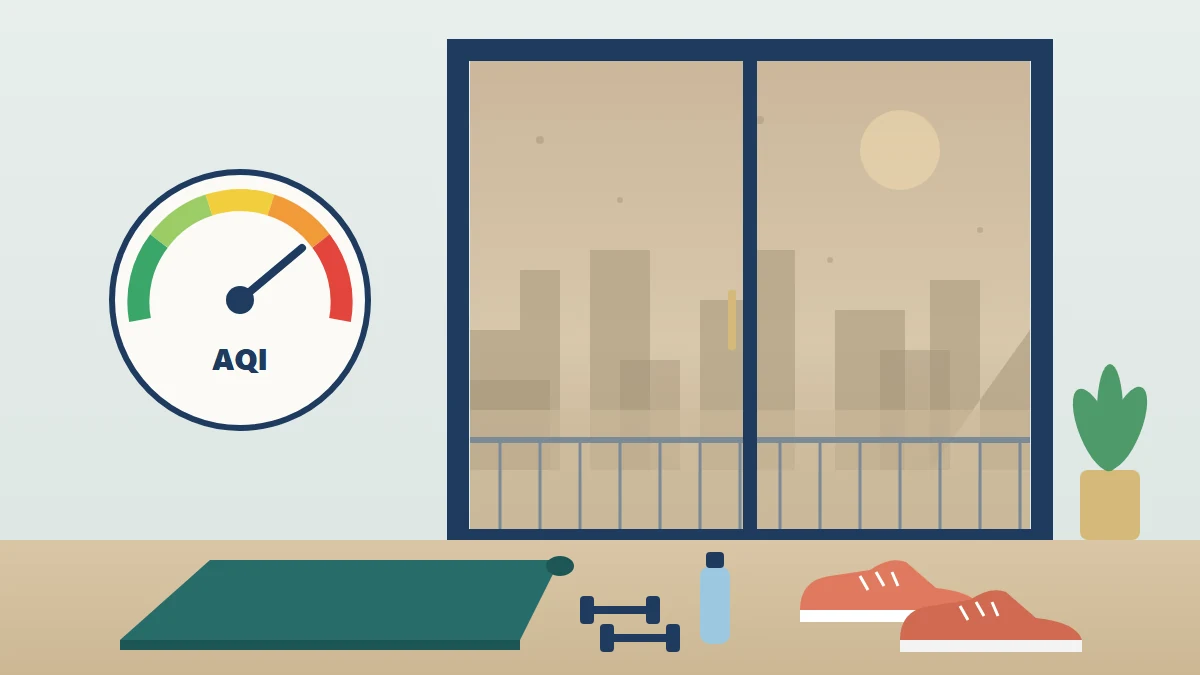 Exercise and polluted air: illustration of a balcony door with a smoggy city skyline outside, and a yoga mat, dumbbells, running shoes and an AQI dial indoors