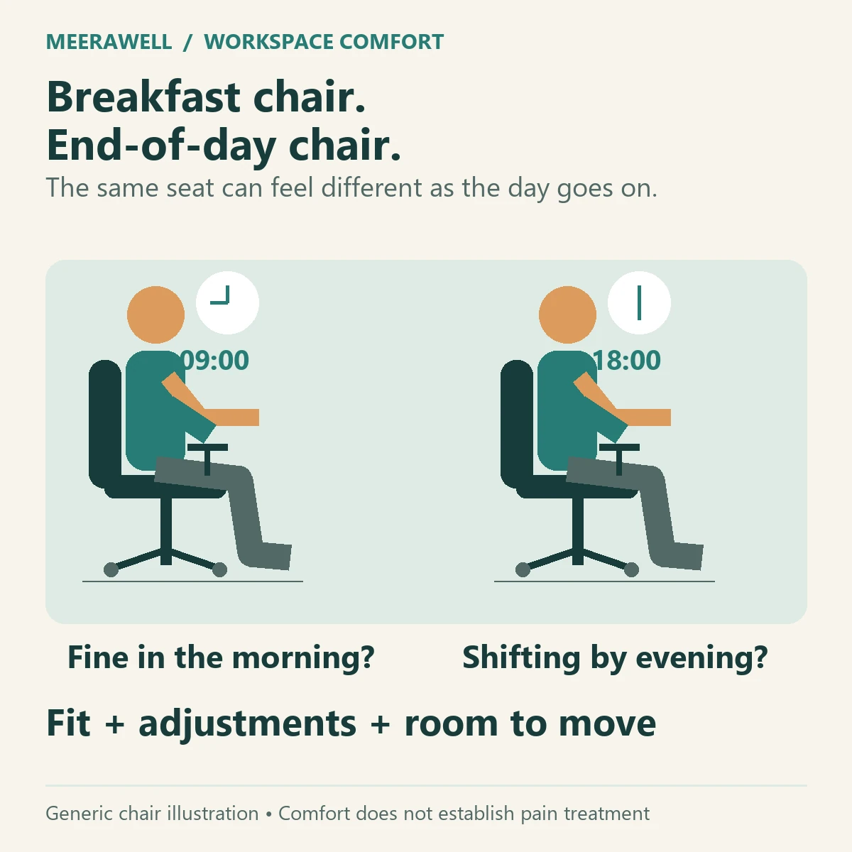 The same seated worker at 09:00 and 18:00, illustrating why chair fit, adjustment and movement matter through the day.