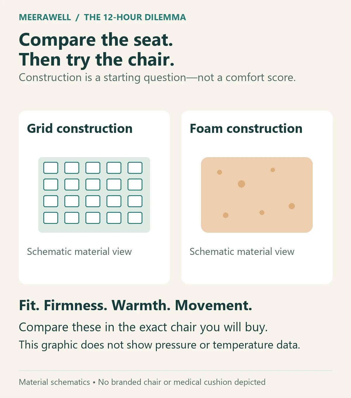 Generic grid and foam seat-construction schematics, with fit, firmness, warmth and movement as questions to check in the exact chair.
