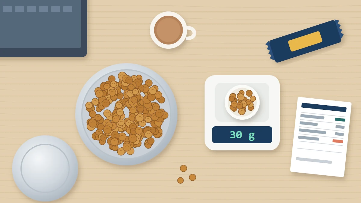 Protein bar vs roasted chana: top-down illustration of a desk with a steel dabba of roasted chana, a kitchen scale showing 30 g, a protein bar and a nutrition label