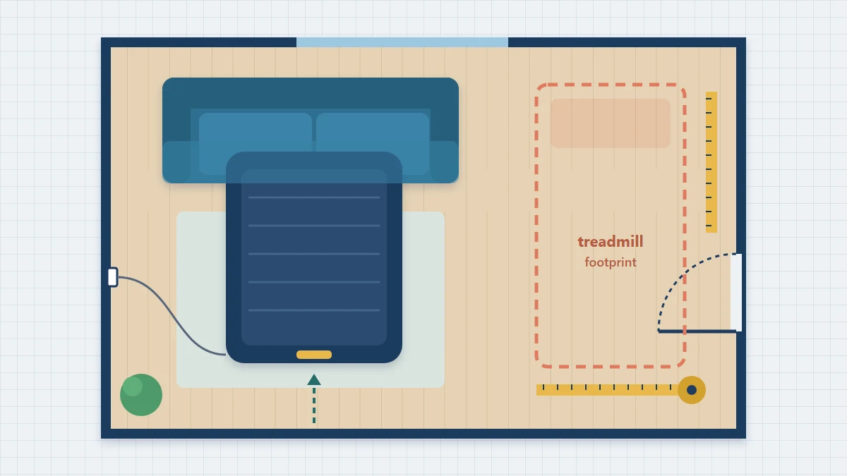 Walking pad vs treadmill: overhead floor-plan illustration of a small room with a walking pad sliding under a sofa, a dashed treadmill footprint and tape measures